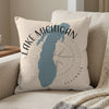 Pillow with Lake Michigan map, compass design, and "Illinois" text.