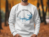 White sweatshirt with Wright Patman Lake map and compass design, Texas.
