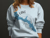 White sweatshirt with blue Bass Lake California map and compass design.