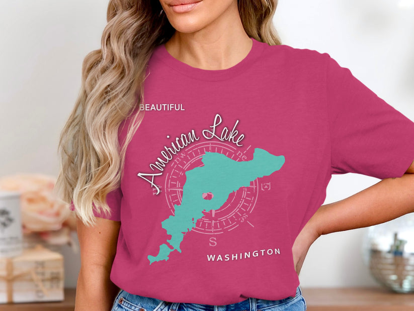 Pink t-shirt with American Lake Washington map graphic and compass rose.