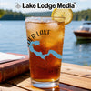 Glass of iced tea with lemon, condensation, and "DER LAKE" graphic on a dock.
