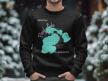 Black sweatshirt with a teal Floyd Lake, Minnesota map graphic and compass.