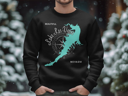 Black sweatshirt with turquoise Lake Las Vegas map and compass design.