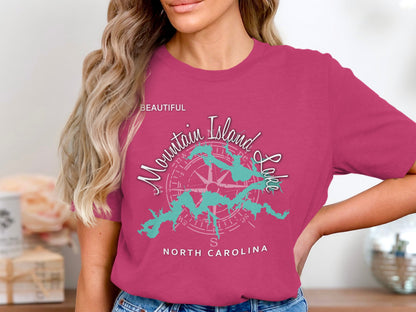 Fuchsia t-shirt featuring a teal graphic of Mountain Island Lake, North Carolina.