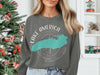Grey crewneck sweatshirt with turquoise Great Lakes outline and compass graphic.