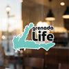 Turquoise Grenada map graphic with "grenada Life" text.