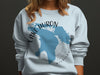 Light blue sweatshirt with Lake Huron map and compass design.