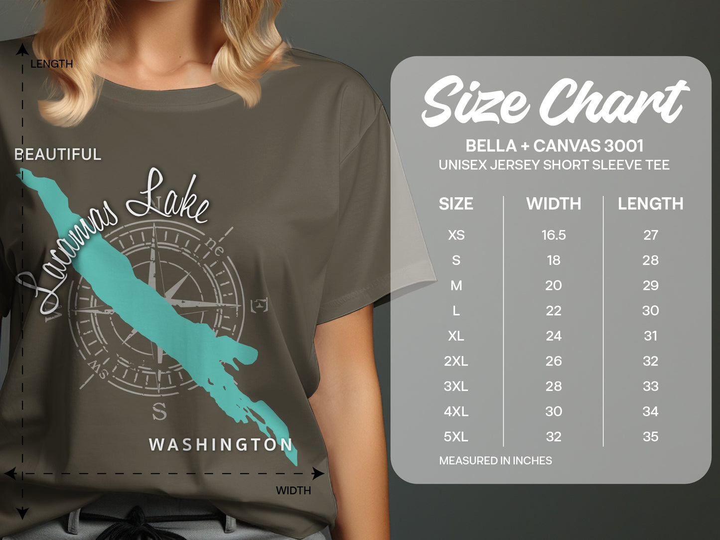T-shirt size chart with a lake graphic and Washington text.
