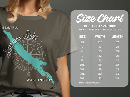 T-shirt size chart with a lake graphic and Washington text.