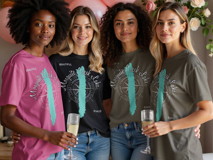 Four women wearing graphic tees with "Beautiful Mosquito Creek Lake Ohio" text.