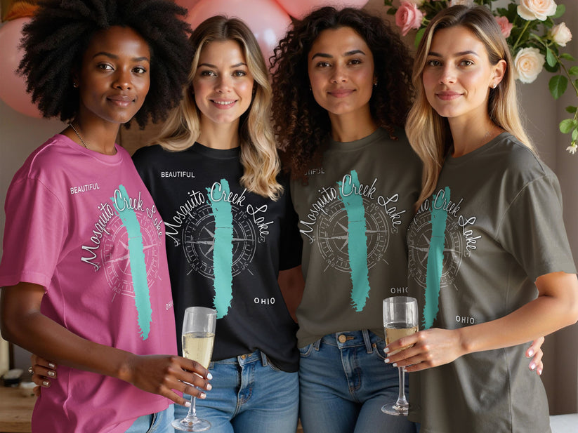 Four women wearing graphic tees with "Beautiful Mosquito Creek Lake Ohio" text.