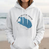 White hoodie with Round Valley Reservoir map design and compass.