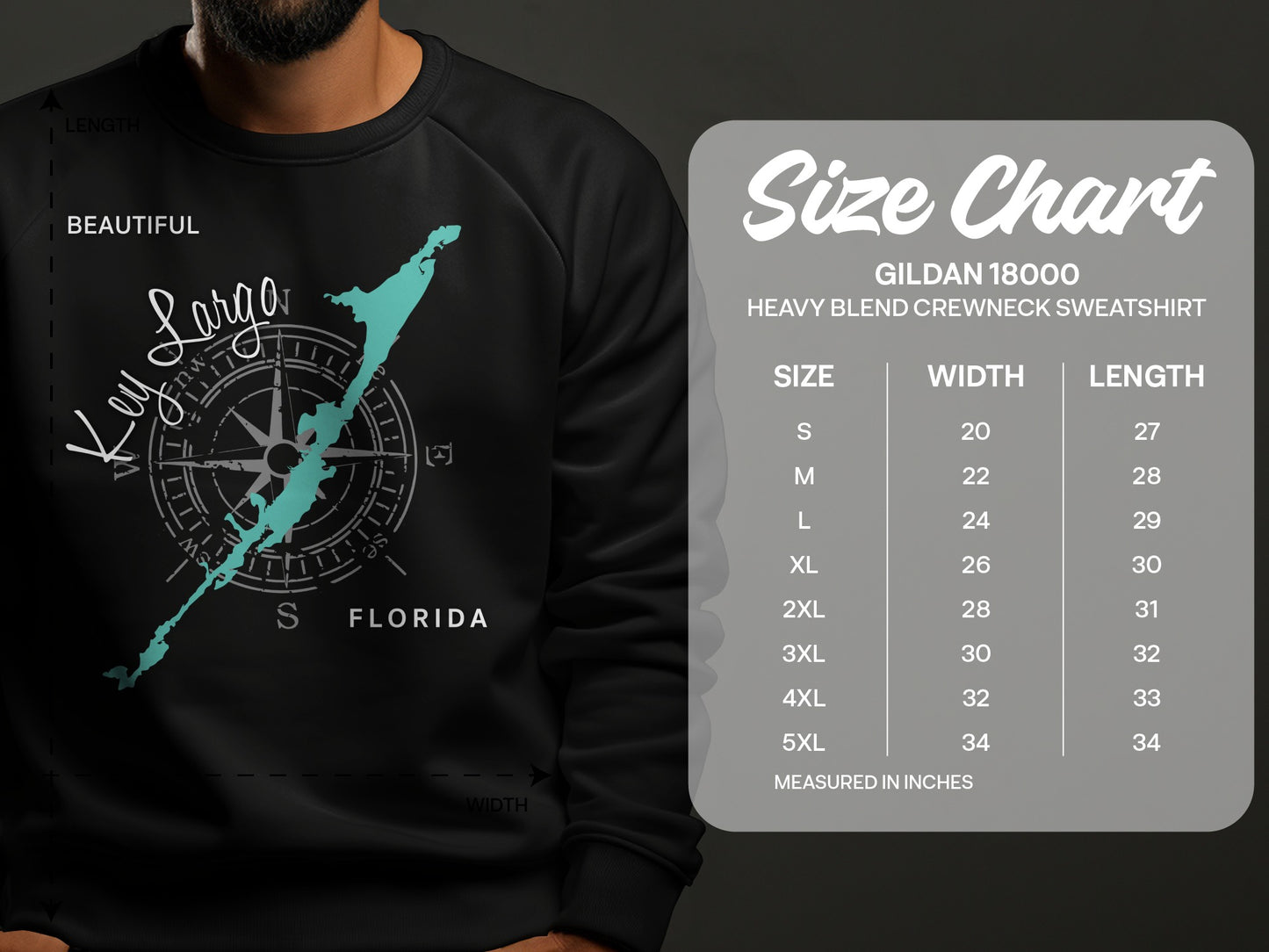 Size chart for Gildan 18000 heavy blend crewneck sweatshirt.