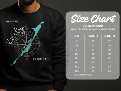 Size chart for Gildan 18000 heavy blend crewneck sweatshirt.