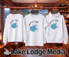 White graphic t-shirt, sweatshirt, and hoodie featuring a blue Timothy Lake map and compass design.