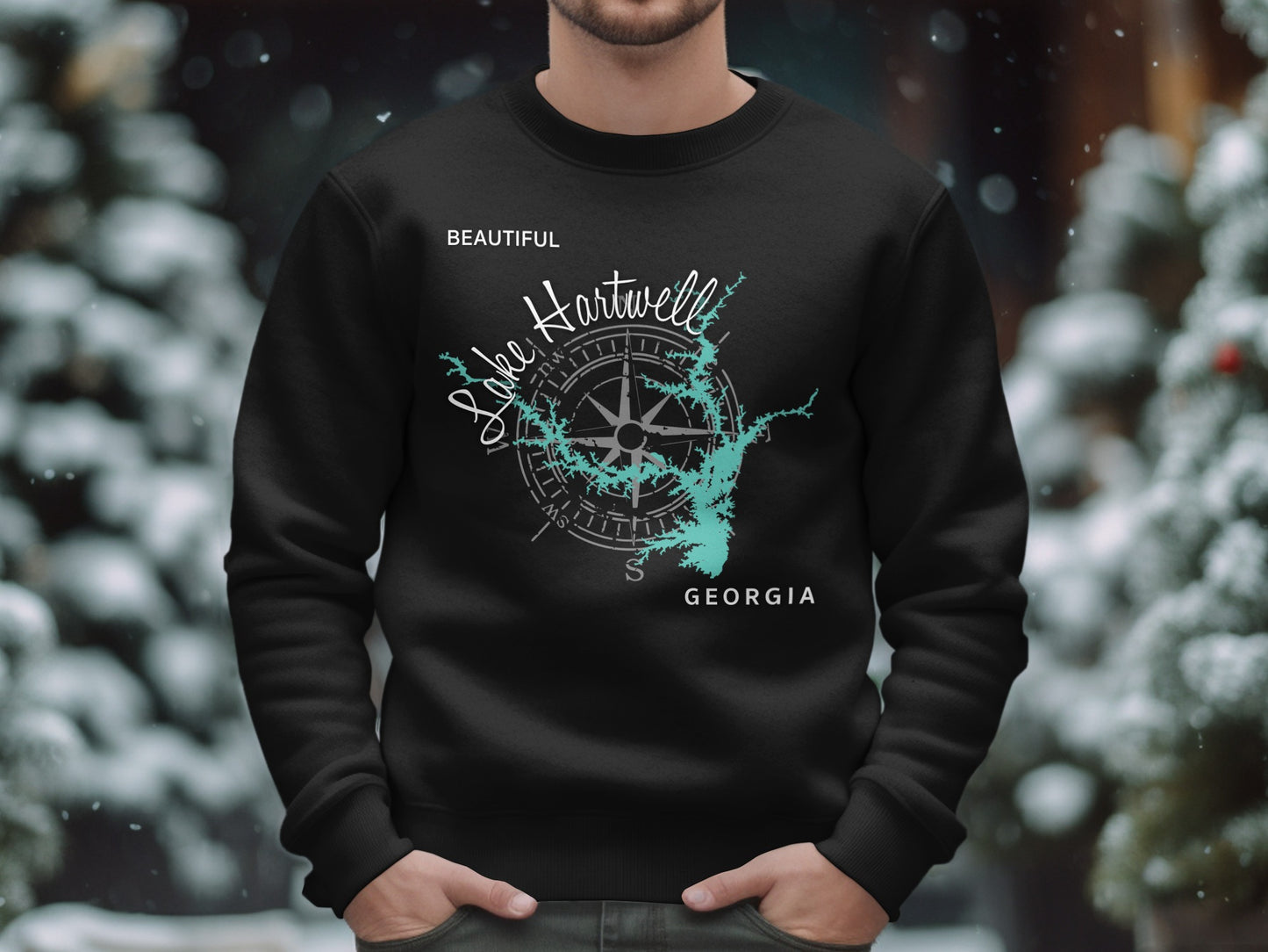 Black sweatshirt with "Beautiful Lake Hartwell Georgia" map graphic.