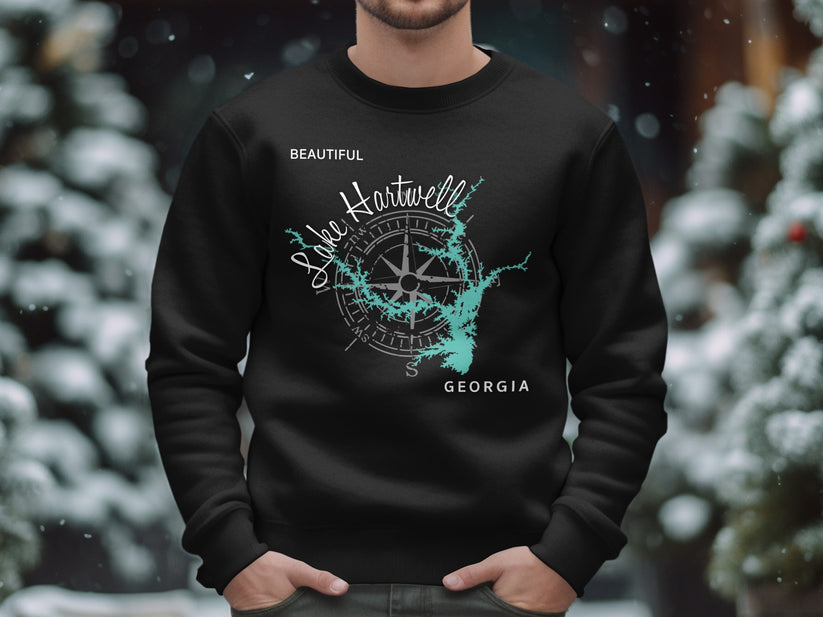 Black sweatshirt with "Beautiful Lake Hartwell Georgia" map graphic.