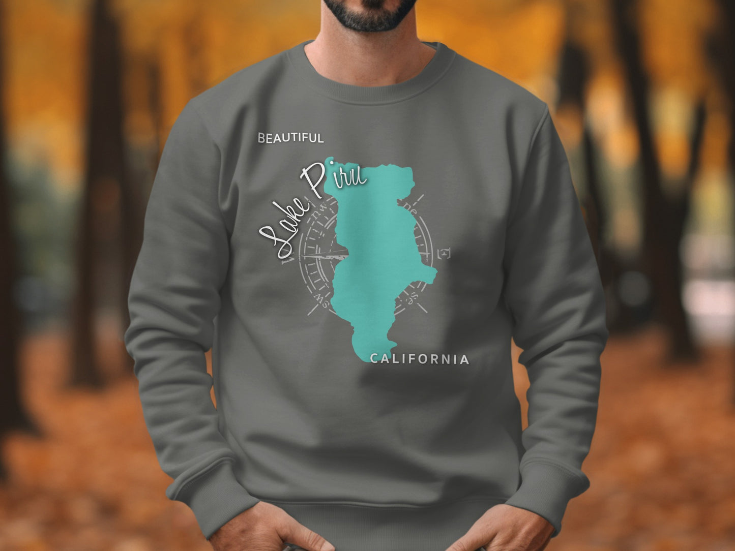 Grey sweatshirt with teal outline of Lake Piru and "CALIFORNIA".
