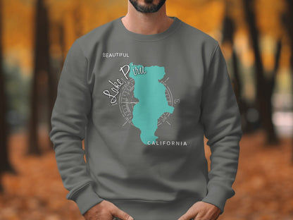 Grey sweatshirt with teal outline of Lake Piru and "CALIFORNIA".