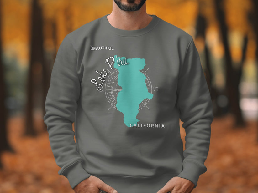 Grey sweatshirt with teal outline of Lake Piru and "CALIFORNIA".