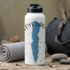 White water bottle with blue lake outline and compass graphic.