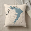 Pillow with Lake Waco map and compass design in blue and gray.
