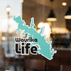 Teal map outline sticker with black text "Waurika Life" and copyright information.