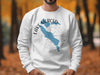 White sweatshirt with blue Lake Merced, California map and compass graphic.