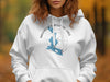 White hoodie with Moose look Meguntic Lake Maine map and compass design.