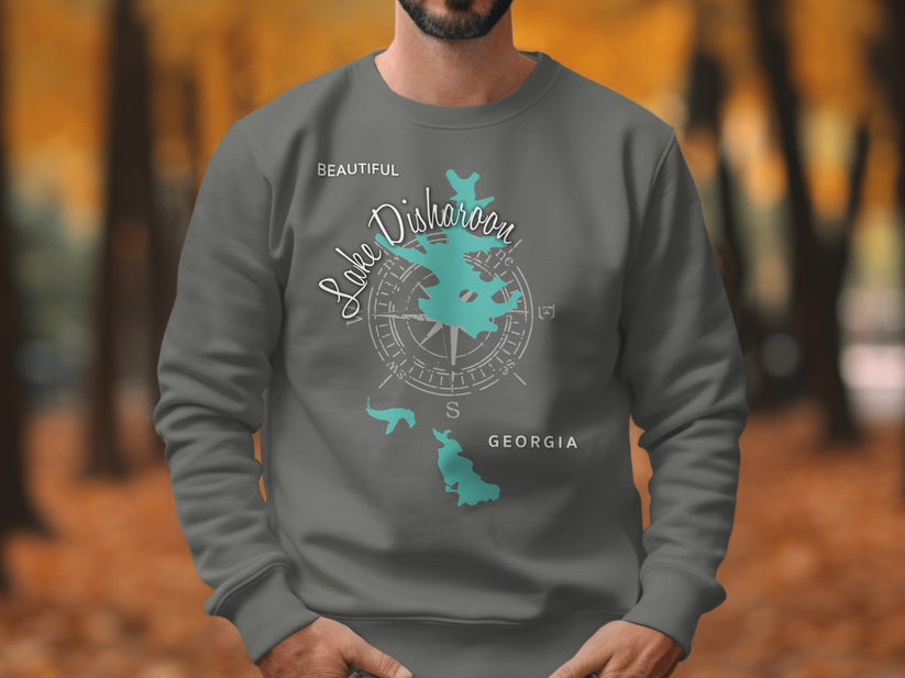 Gray sweatshirt with "Beautiful Lake Disharoon Georgia" and compass design.
