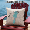 Pillow with Barlow Lake, Michigan map, compass, and Lake Lodge Media logo.