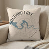 Decorative pillow with Saguaro Lake map and compass design, "Saguaro Lake Arizona" text.