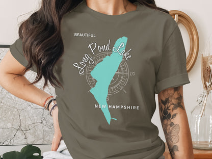 Olive green t-shirt featuring Long Pond Lake, New Hampshire map and compass.