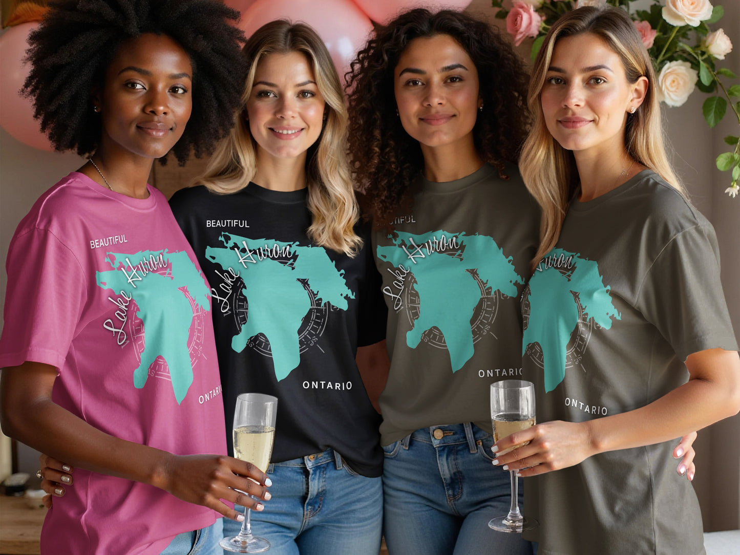 Four women in t-shirts with "Lake Huron Ontario" map graphic.