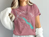 Sailorville Lake Iowa map and compass graphic on pink t-shirt.