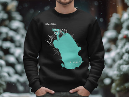 Black sweatshirt with teal Lake George, Florida map graphic and compass rose.