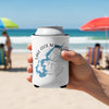 White can cooler with blue Lake Cecil Indiana map and compass design on beach background.