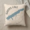Sardis Lake Mississippi map on a cream pillow with compass rose design.