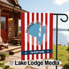 Garden flag with Sebago Lake map, "The Smith Family" text, and red and white stripes.