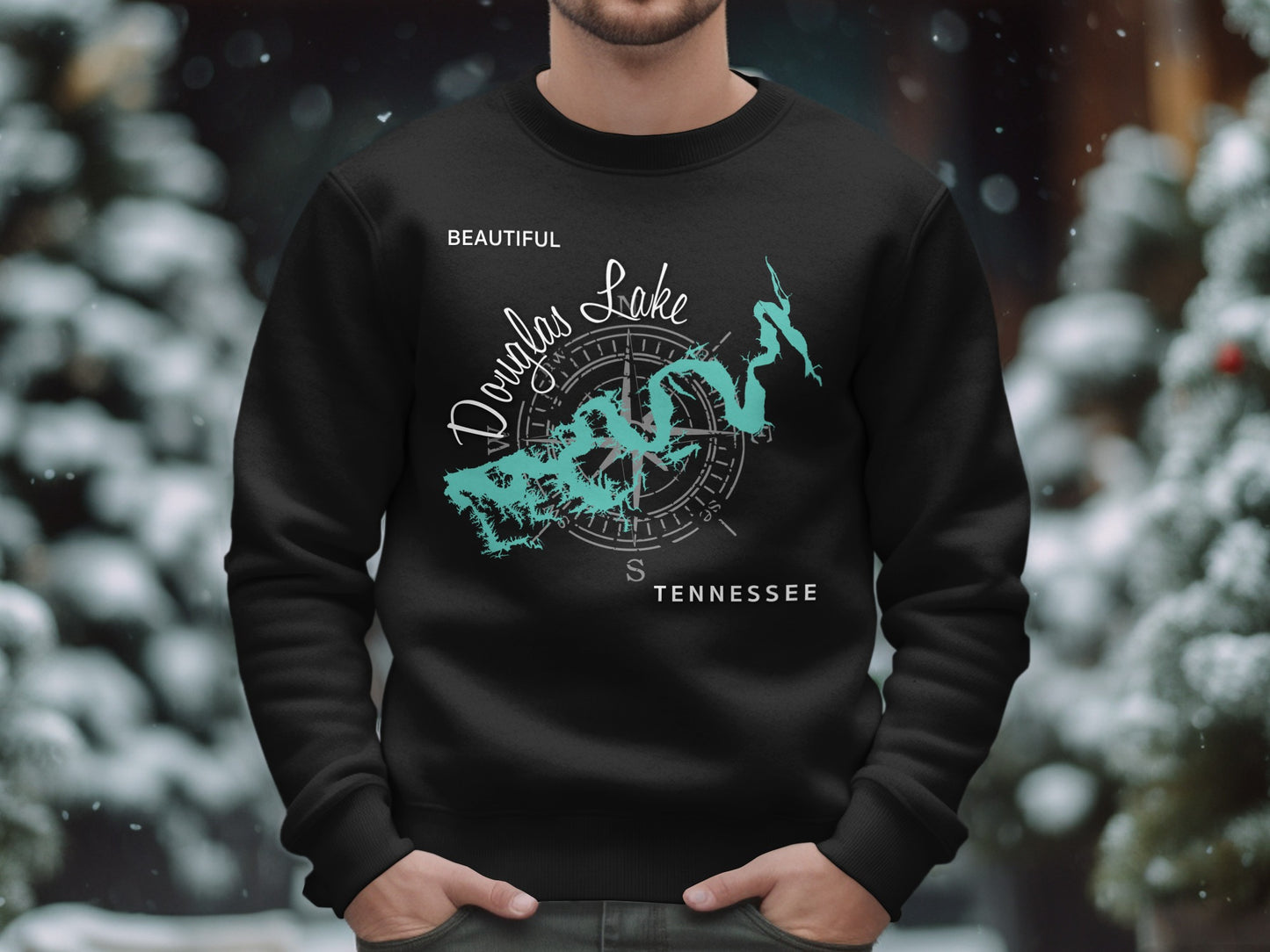 Black sweatshirt with "Douglas Lake, Tennessee" map design.