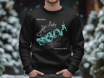 Black sweatshirt with "Douglas Lake, Tennessee" map design.