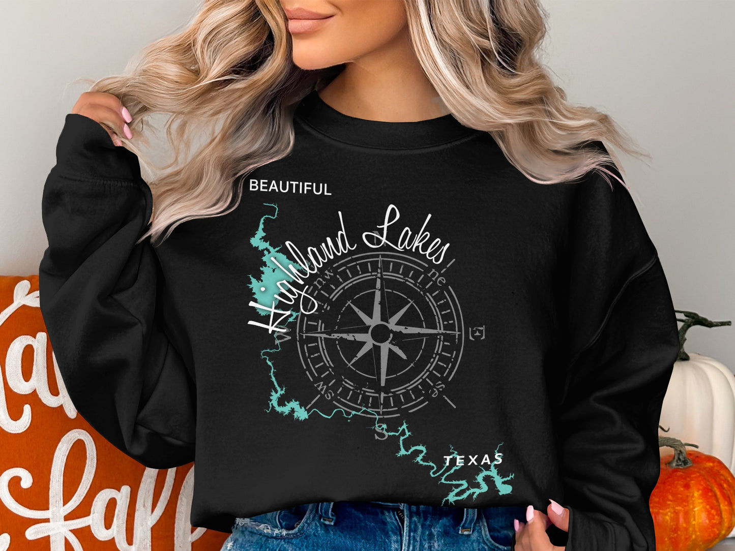 Black sweatshirt with a "Beautiful Highland Lakes Texas" map and compass graphic.