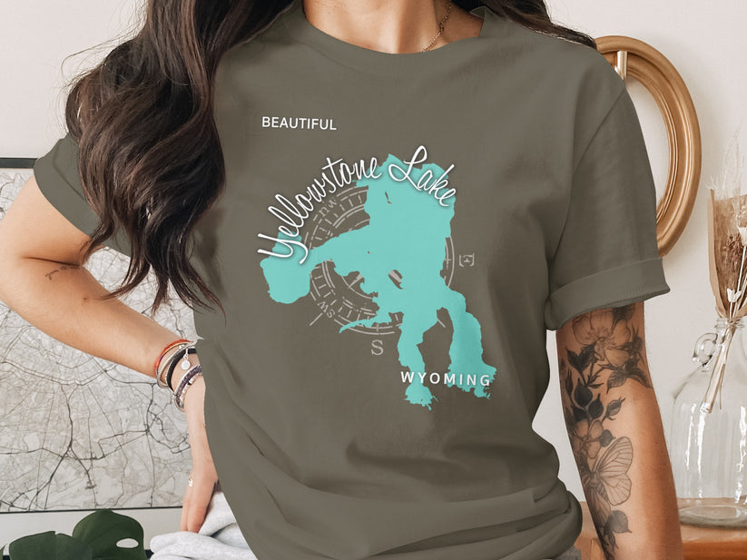 T-shirt with Yellowstone Lake map design and compass rose.