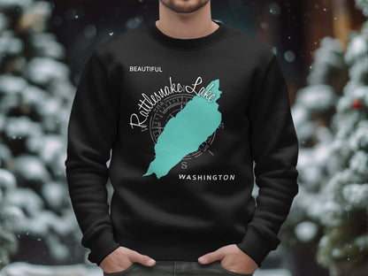 Black sweatshirt with a teal map of Washington and "Beautiful Rattlesnake Lake" text.