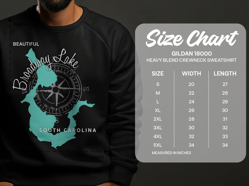Gildan 18000 sweatshirt size chart with Broadway Lake graphic.