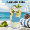 Glass of lime drink with Lake St. Clair map, beach scene, and sailboat.
