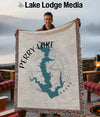 Tapestry blanket with teal Perry Lake outline, compass rose, and "Kansas" text.