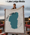 Lake Tahoe map blanket with "LAKE TAHOE" text and "CALIFORNIA" label.
