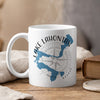 White mug with blue Lake Lahontan map, compass, and Nevada text.
