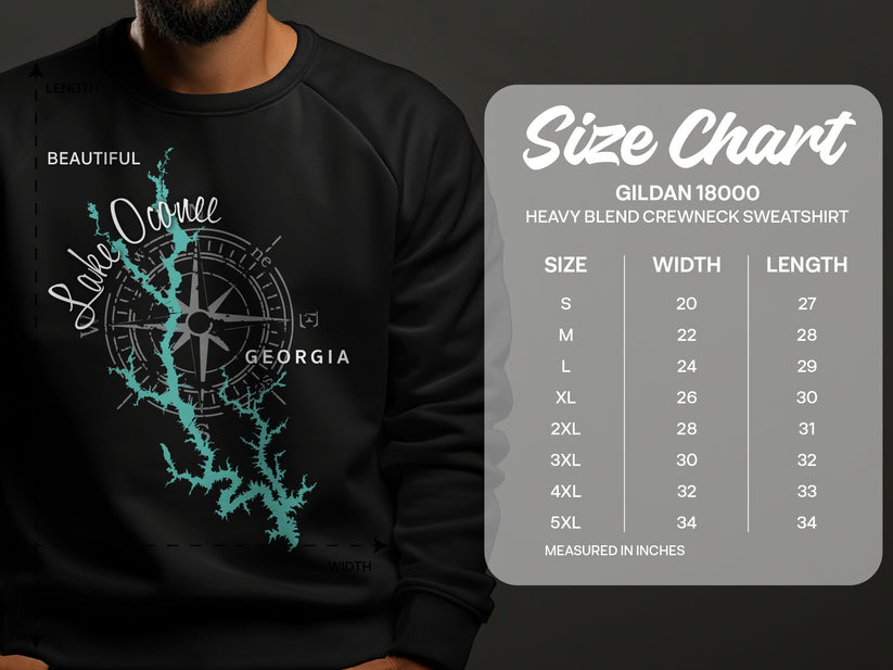 Lake Oconee Georgia sweatshirt size chart with measurements.